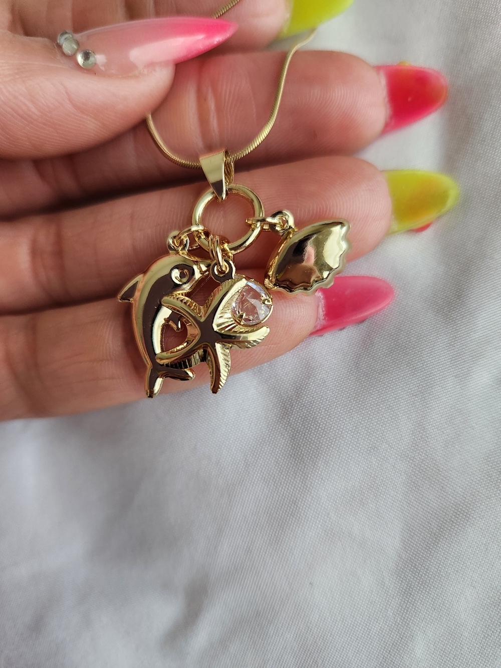 Gold Plated Dolphin and Heart Pendant Necklace with Pink Crystal Charm